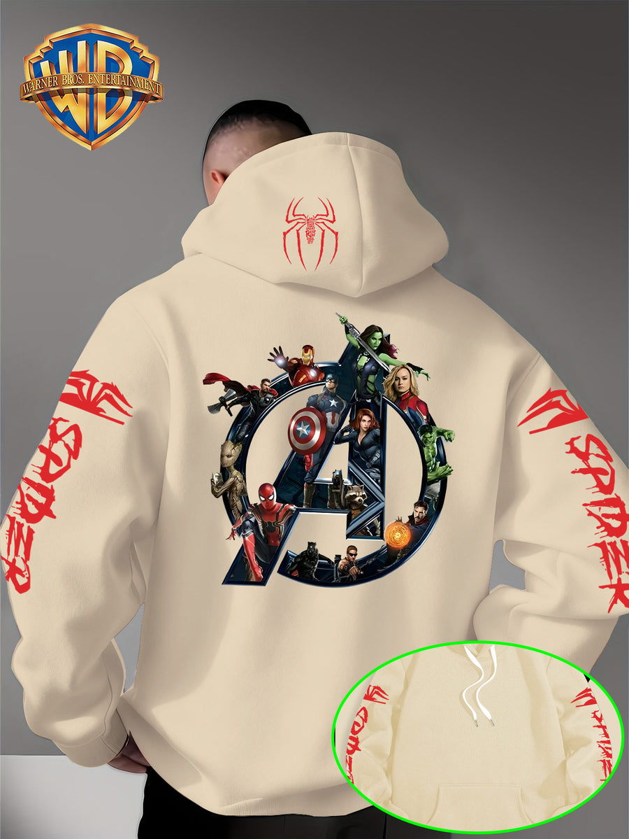 Men'S Trendy Fall Hoodie, American Superhero Collection Print Hooded Sweatshirt, Unisex Loose Street Style Casual Top. Casual Daily Style with Drawstring Design, Long Sleeve Knit Sweater, Machine Washable, Perfect for Casual, Athletic - Apricot