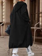 2pcs Women'S Long Hooded Zipper Sweatshirt Coat, Women'S Autumn Winter Loose Lazy Style Drawstring Waist-Cinching Cardigan Coat - Retro Long Zipper Jacket - Black+black