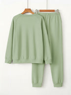 Plus Size Women'S Graphic Print 2pcs Outfit Set, V-Neck Raglan Sleeve Long Sleeve Tee And Elastic Waist Jogger Pants, Casual Loose Loungewear, Fall Winter Daily Wear - Light Green