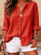 Women'S Solid Color V-Neck Long-Sleeved Shirt, Loose And Single-Breasted Casual Daily Vacation Top - Red