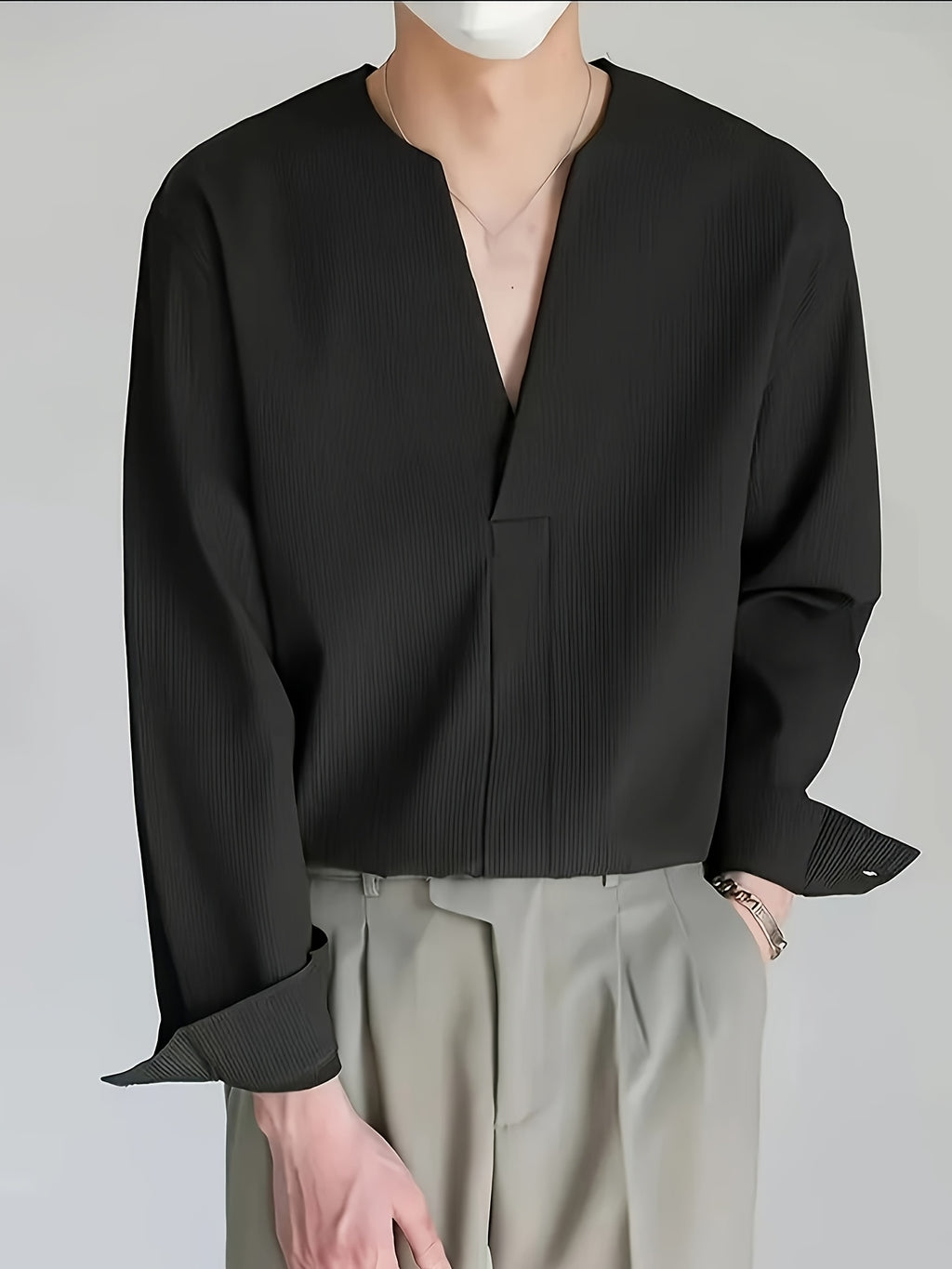Men's Gift, Men's Spring/Summer Long Sleeve V-Neck Henley Shirt, Solid Color Men's Casual Daily Top T-Shirt Dress Shirt, Men's Suit Set, Gift for Boyfriend - Black