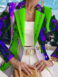 A Stylish and Refined Women's Autumn Jacket—a Slim-fit, Long-sleeved Blazer Featuring a Botanical Print That Evokes the Vibe of an Island Getaway. It Boasts a Harmonious Color Palette and a Style That Is Both Simple and Elegant - Green And Purple Contrasting Colors
