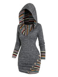 European And American Fashion Women'S Ethnic Style Geometric Striped Patchwork Hooded Long-Sleeve Fitted Dress - Grey