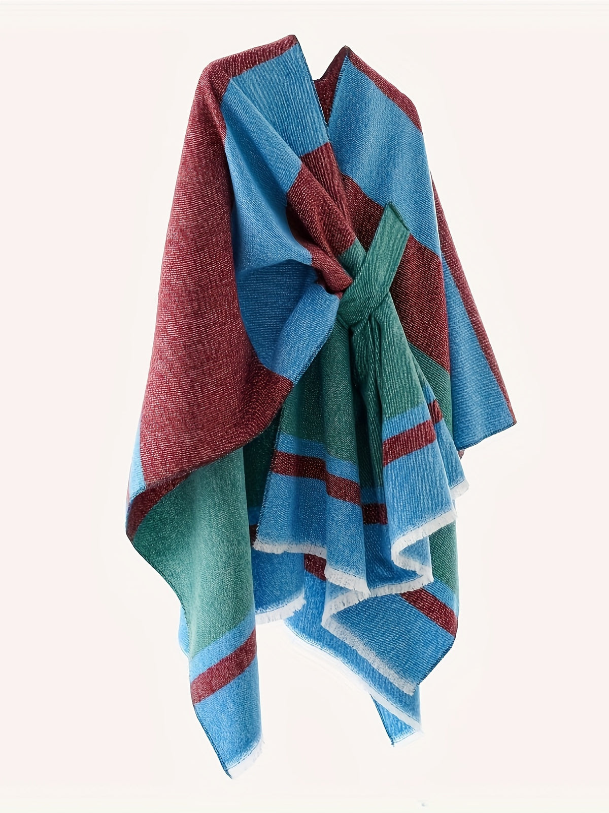 Women's Fashion Classic Striped Color Block Pattern Autumn and Winter Windproof Buttoned Travel Wrap Coat - Vibrant Blue
