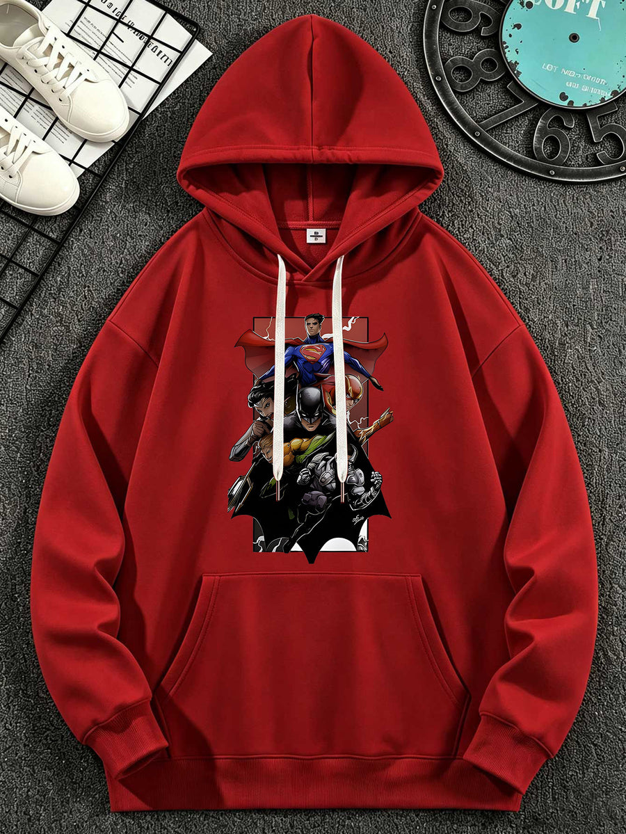 Warner Bros. DC Authorizes Justice League Multi Hero Bat Logo Collection Print Superhero Casual Hooded Sweatshirt - Red