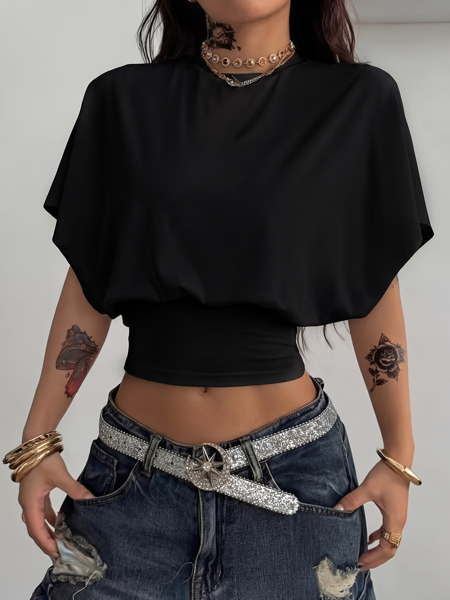 Women'S Spring/Summer Elegant Slim Batwing Sleeve Short Top Basic Style - Black