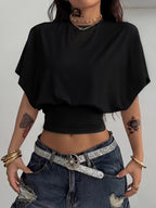 Women'S Spring/Summer Elegant Slim Batwing Sleeve Short Top Basic Style - Black