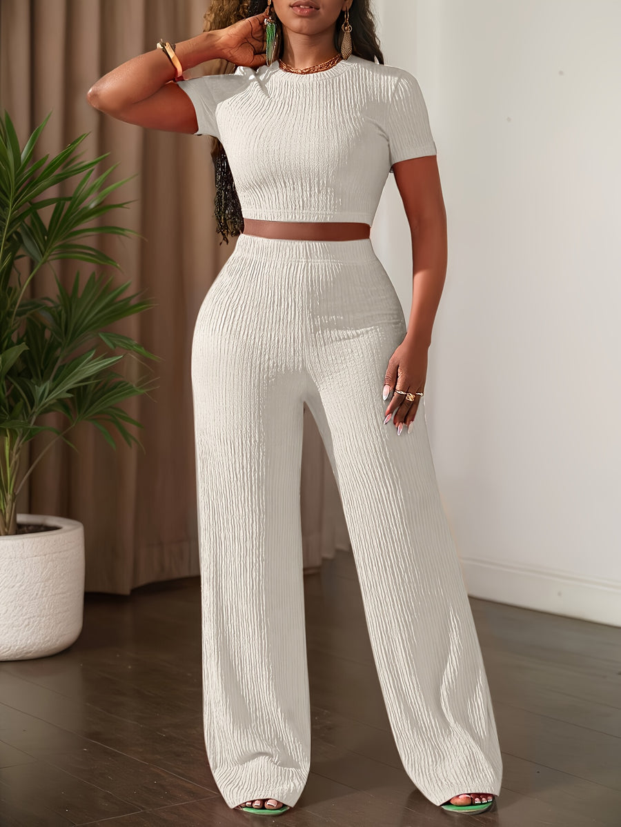 2025 New Solid Color Short Sleeve Top And Wide Leg Pants Casual Set - White