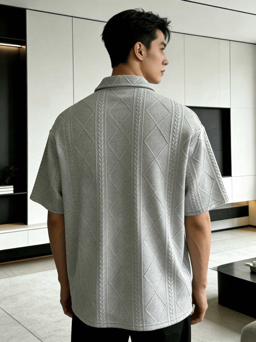 Men'S Summer New Premium Loose Short Sleeve Half-Zip Collar Polo Shirt Jacquard Short Sleeve T-Shirt - Grey