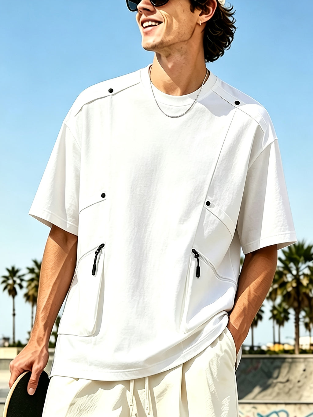 [Qiaoximei OBM] 2026 Summer New Men'S High-Quality Multi-Pocket Versatile Round Neck Short T-Shirt - Fashionable Street Beach Party Energetic Sports Men'S Trendy Loose Special Short Sleeve T-Shirt - White