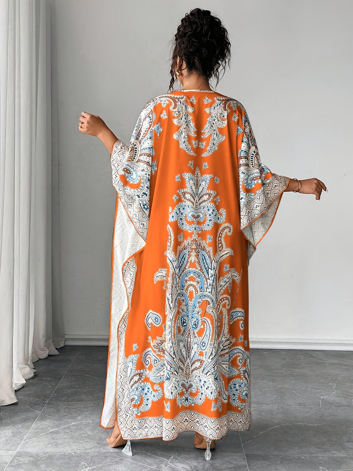 Plus Size - Plus Size - Plus Size Women'S Loose-Fitting Batwing Sleeve Printed Round Neck Dress - Orange-Red