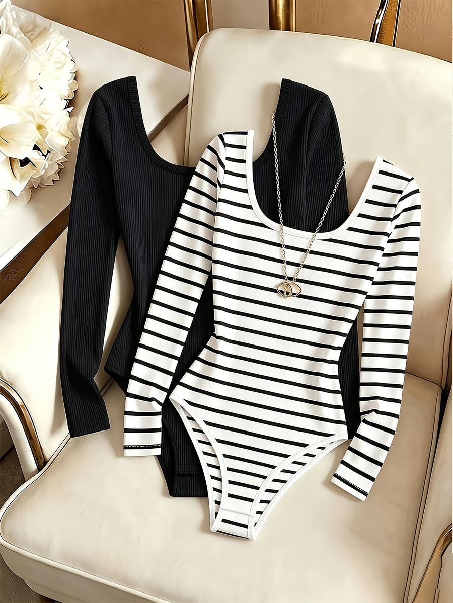 2pcs Set Classic Basic Square Neck Long Sleeve Bodysuit Women'S Slim Fit One-Piece Base Layer Easy Striped Solid Double Style Close-Fitting Non-Tight Commute Inner Wear All-Match Shaping Long Sleeve Top (Necklace Not Included) - Black+Stripe