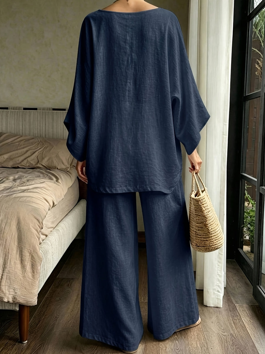 Casual Relaxed 100% Loose Coverage Two-Piece Set Lazy Solid Off-Shoulder Sleeve High-Waist Wide-Leg Pants Women'S Outfit - Deep Blue
