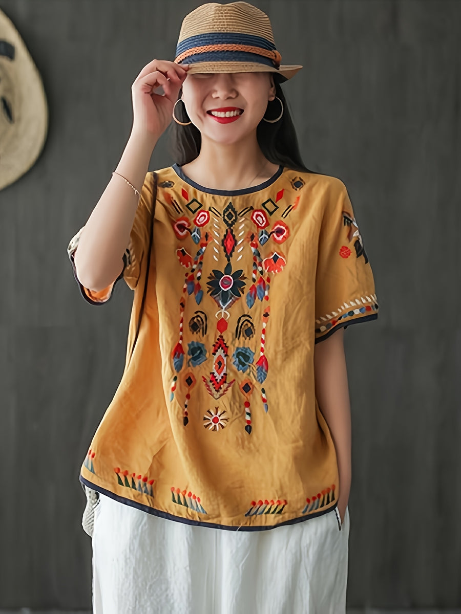 New Ethnic Style and Embroidered T-shirt for Women in Summer, Retro and Artistic, Loose and Oversized, and Versatile Short Sleeved Top The Chest, Cuffs, and Hem Are All Covered in Embroidered Patterns with Bohemian/ethnic Style - Yellow