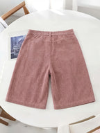 Women's 8-Wale Corduroy Wide Leg Bermuda Shorts, High Waisted Versatile Casual Shorts, Multi-Color Vintage Style, Soft & Stretchy, Suitable for Spring, Summer and Autumn - Pale Pinkish Gray