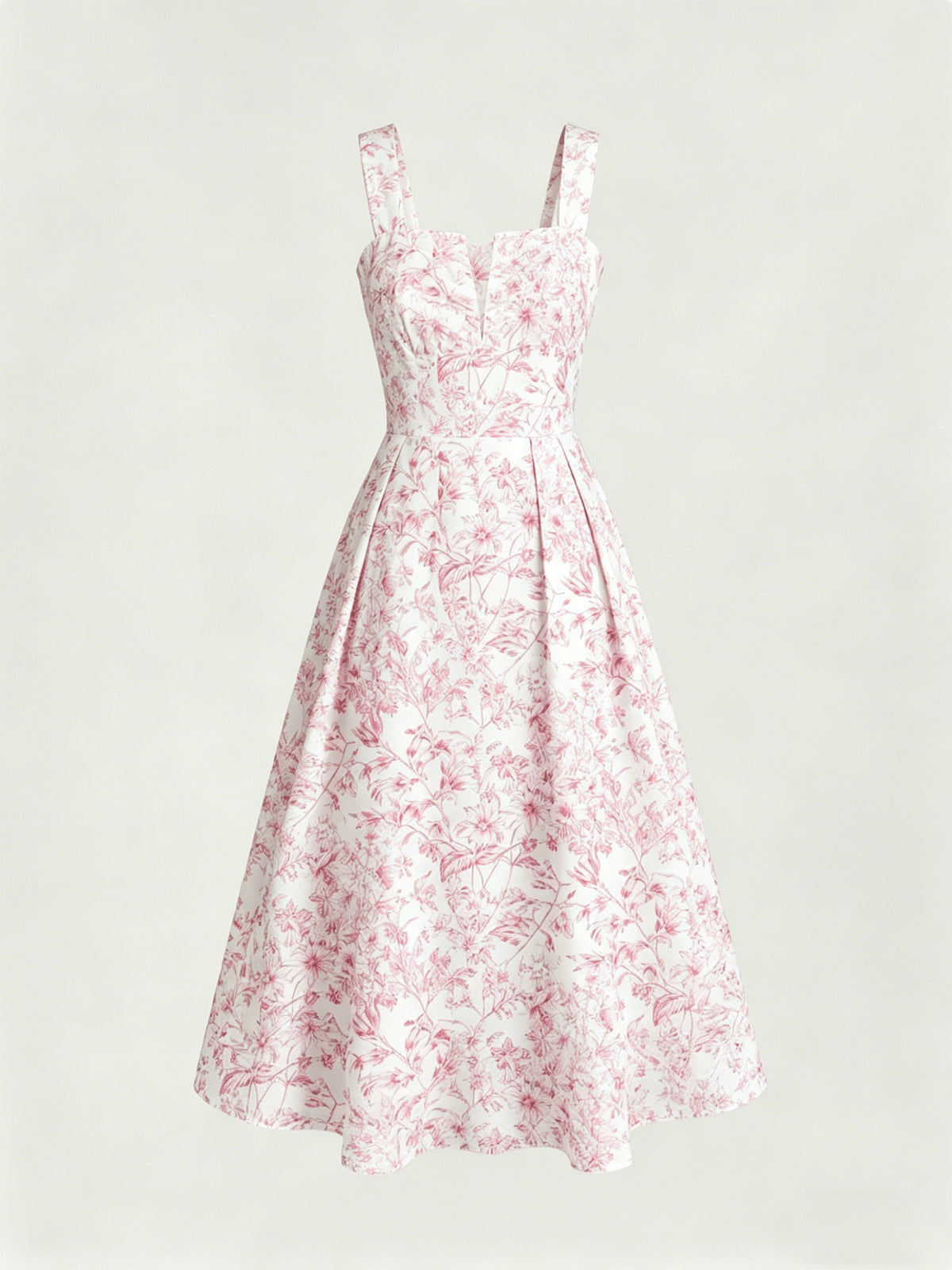 Women's Spring/Summer Romantic Floral Print Waist-Cinching Elegant Thick Spaghetti Suspender Dress for Vacation and Dates - Pink