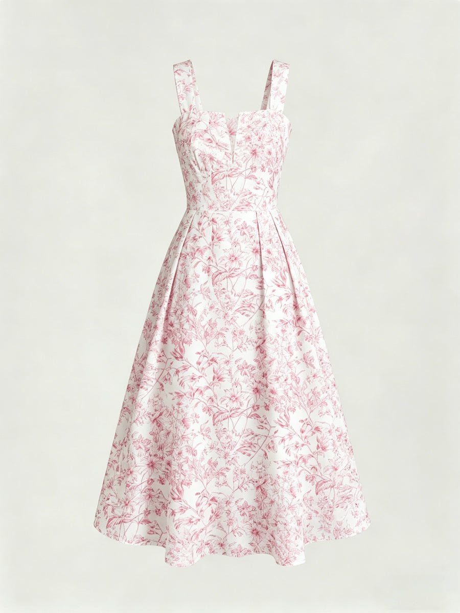Women's Spring/Summer Romantic Floral Print Waist-Cinching Elegant Thick Spaghetti Suspender Dress for Vacation and Dates - Pink