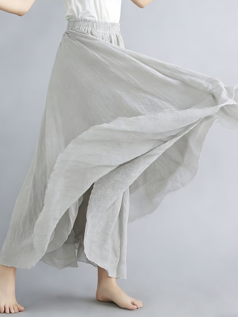Solid Color Ethnic Style Literary Double-Layer Non-See-Through Midi Skirt for Women, Spring Summer Autumn Zen Style Long Dress with Wide Hem, High Waist Flowy - Light Gray.