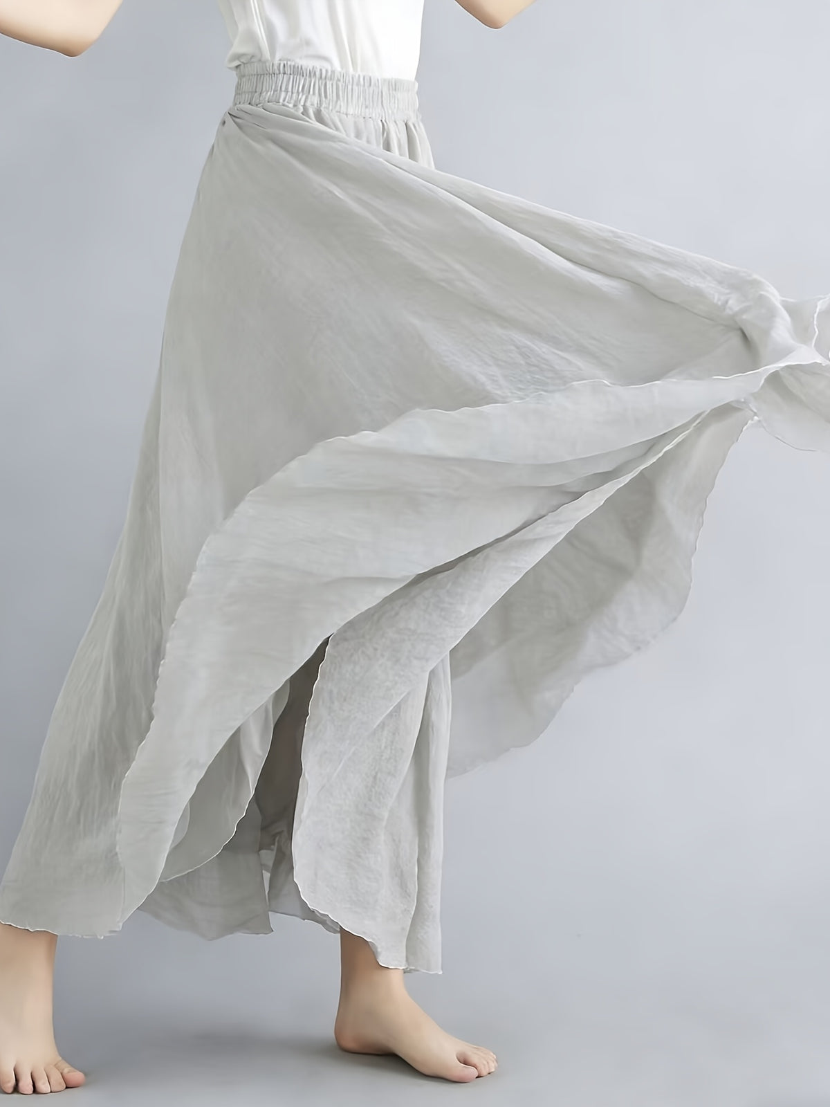 Solid Color Ethnic Style Literary Double-Layer Non-See-Through Midi Skirt for Women, Spring Summer Autumn Zen Style Long Dress with Wide Hem, High Waist Flowy - Light Gray.