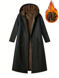 Women'S Plush Lined Hooded Long Warm Trench Coat - Black