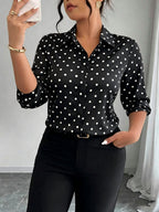 Women'S Polka Dot Long Sleeve Button-Up Shirt, Collar Style, Regular Fit, Non-Stretch Fabric, Suitable for Work And Casual Wear - Black