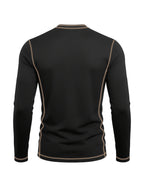 Men's Retro Patchwork T-Shirt - Solid Color Base with Contrast Patch Suitable for Fall/Winter, Round Neck Long Sleeve Casual Layering Top, Machine Washable Blending Shirt for Outdoor & Casual Attire (Regular Fit) - Black