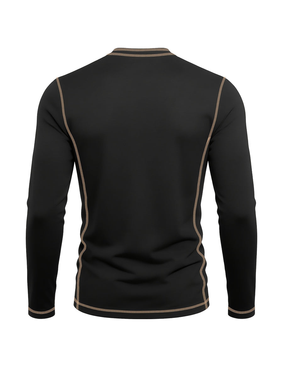 Men's Retro Patchwork T-Shirt - Solid Color Base with Contrast Patch Suitable for Fall/Winter, Round Neck Long Sleeve Casual Layering Top, Machine Washable Blending Shirt for Outdoor & Casual Attire (Regular Fit) - Black