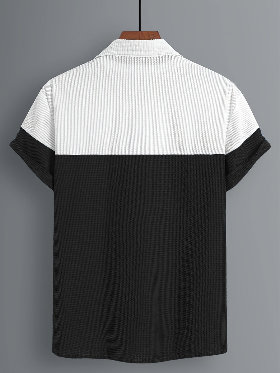 Men's Blue and White Contrast Corn Husk Grain Fabric Comfortable and Breathable Material, Lapel Collar, Full Open Front, Contrast Button Design, Suitable for Daily Casual, Fashionable, Simple Outings, Commuting, Street Style, Outings, and Summer New - Black