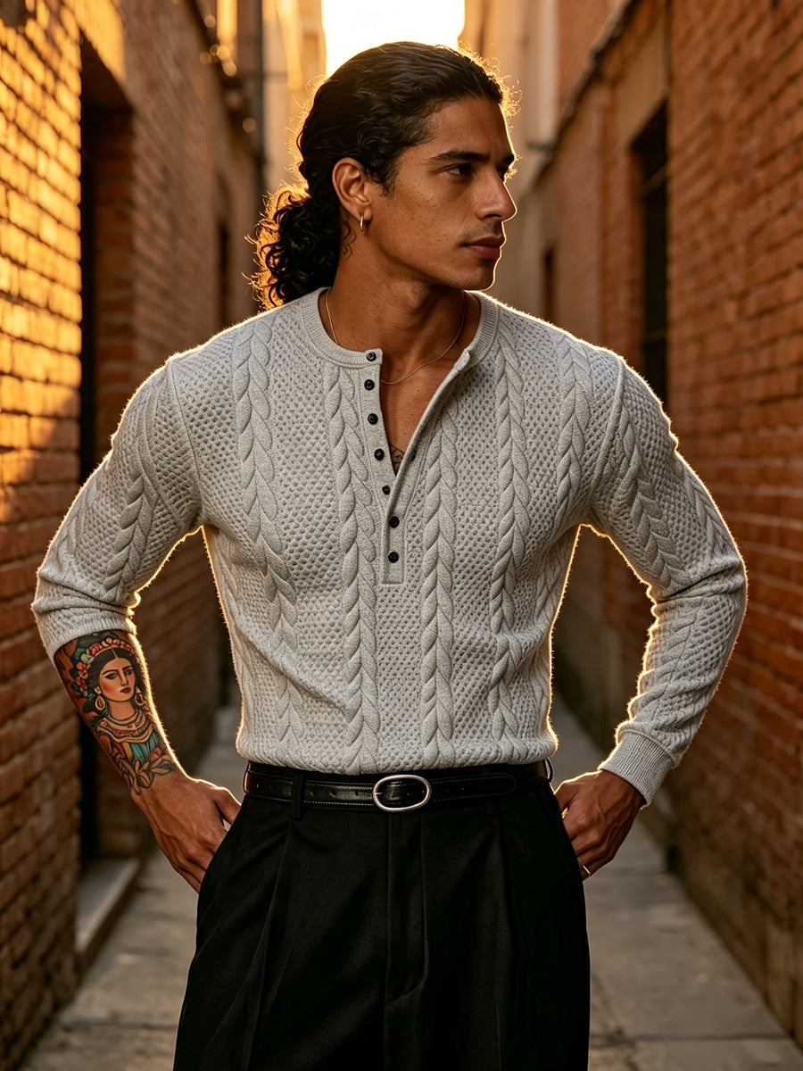 Back-To-School Season Men'S White Stretch Knit Long Sleeve Top, Henley Collar Pinstripe Textured Button-Up Shirt, Light Mature Korean Style Outfit, Early Autumn Fitted Style, Campus Outing And Weekend Shopping Knitwear - Light Grey