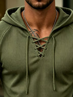 Joshmei OBM Vintage New York Street Style Men's White Textured Hooded Long-Sleeve T-Shirt with V-Neck and Cross-Strap Design, Niche Trendy Versatile Stretch Hoodie for Streetwear - Military Green