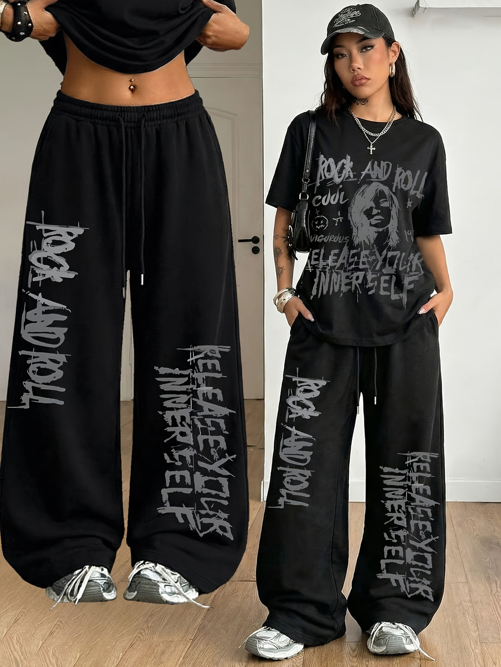 2pcs Women'S Retro "Rock Music Female Portrait" Printed Pattern Fashion Casual Round Neck T-Shirt And Drawstring Loose Long Pants, Daily Soft Comfortable Niche Trendy Hip-Hop Y2K Versatile Street Style Two-Piece Set, Machine Washable - Black