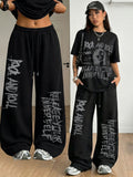 2pcs Women'S Retro "Rock Music Female Portrait" Printed Pattern Fashion Casual Round Neck T-Shirt And Drawstring Loose Long Pants, Daily Soft Comfortable Niche Trendy Hip-Hop Y2K Versatile Street Style Two-Piece Set, Machine Washable - Black