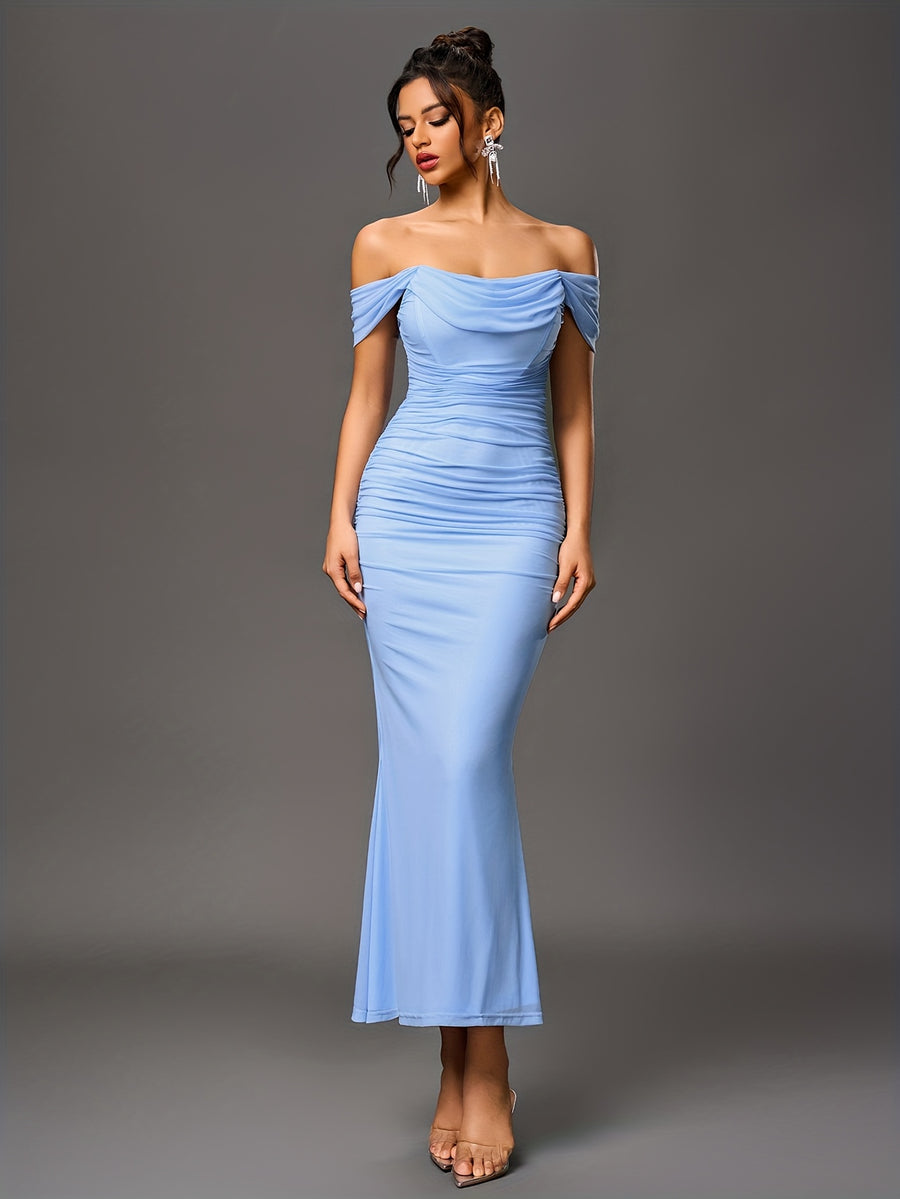 Women's Elegant Off-the-Shoulder mermaid gown - Formal party wedding long dress, Stretchy Bodycon fit, Non-Transparent Party Evening Gown for Women, Formal Attire, Highelasticity Fabric, Special Occasion Dress, High Elasticity Material, Formal Dress - Sky Blue
