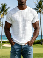 HTHMRN Men's 3D Grid Textured Crew Neck T-Shirt - Solid Knit Short Sleeve Casual Tee with Roll Cuff, Striped Suitable for Beach, Vacation, Streetwear & Daily Wear, Machine Washable Round Neck Summer Tops - White