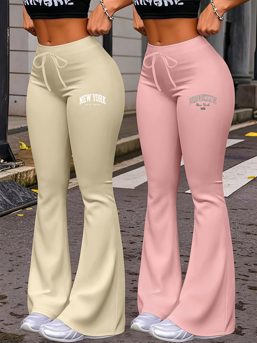 New Autumn Women's Clothing from Europe and America, NEW YORK & BROOKLYN Letter Print, Daily Casual Wear, Two-Pack of Comfortable Slim-Fit Stretch Tapered Straight-Leg Pants with Drawstring Waistband - Apricot+Pink