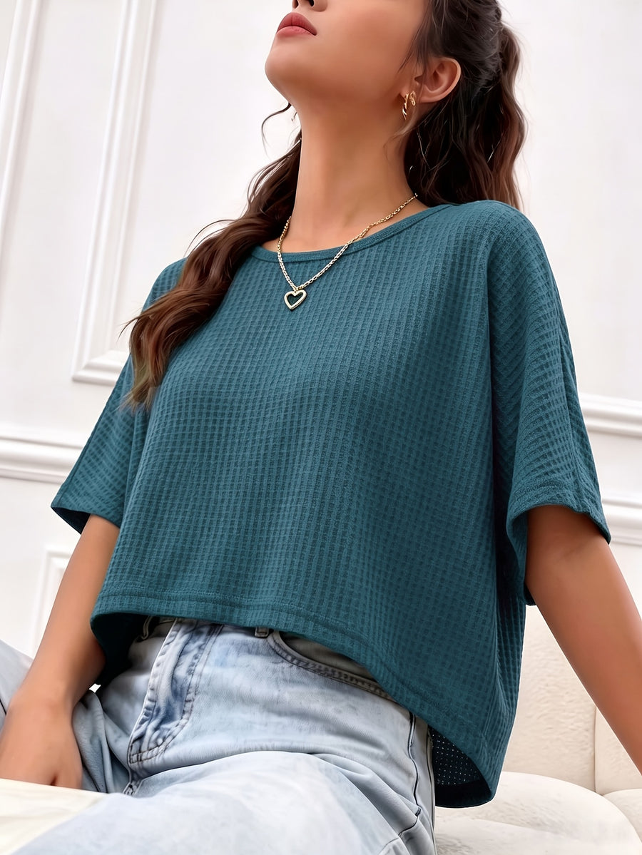 Women's Casual Loose-Fit Waffle Short Crop Crew Neck Short Sleeve T-Shirt for Daily Commuting - Dark Cyan