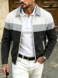 Men'S Waffle Checkered Color-Block Zipper Jacket, Lapel Contrast Patchwork Side Pockets, Spring Autumn Casual Loose Coat - Grey
