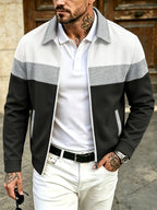 Men'S Waffle Checkered Color-Block Zipper Jacket, Lapel Contrast Patchwork Side Pockets, Spring Autumn Casual Loose Coat - Grey