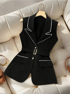 Women's White-trimmed Contrast-color Lapel Waist-cinching Vest Jacket, Includes Belt - Black