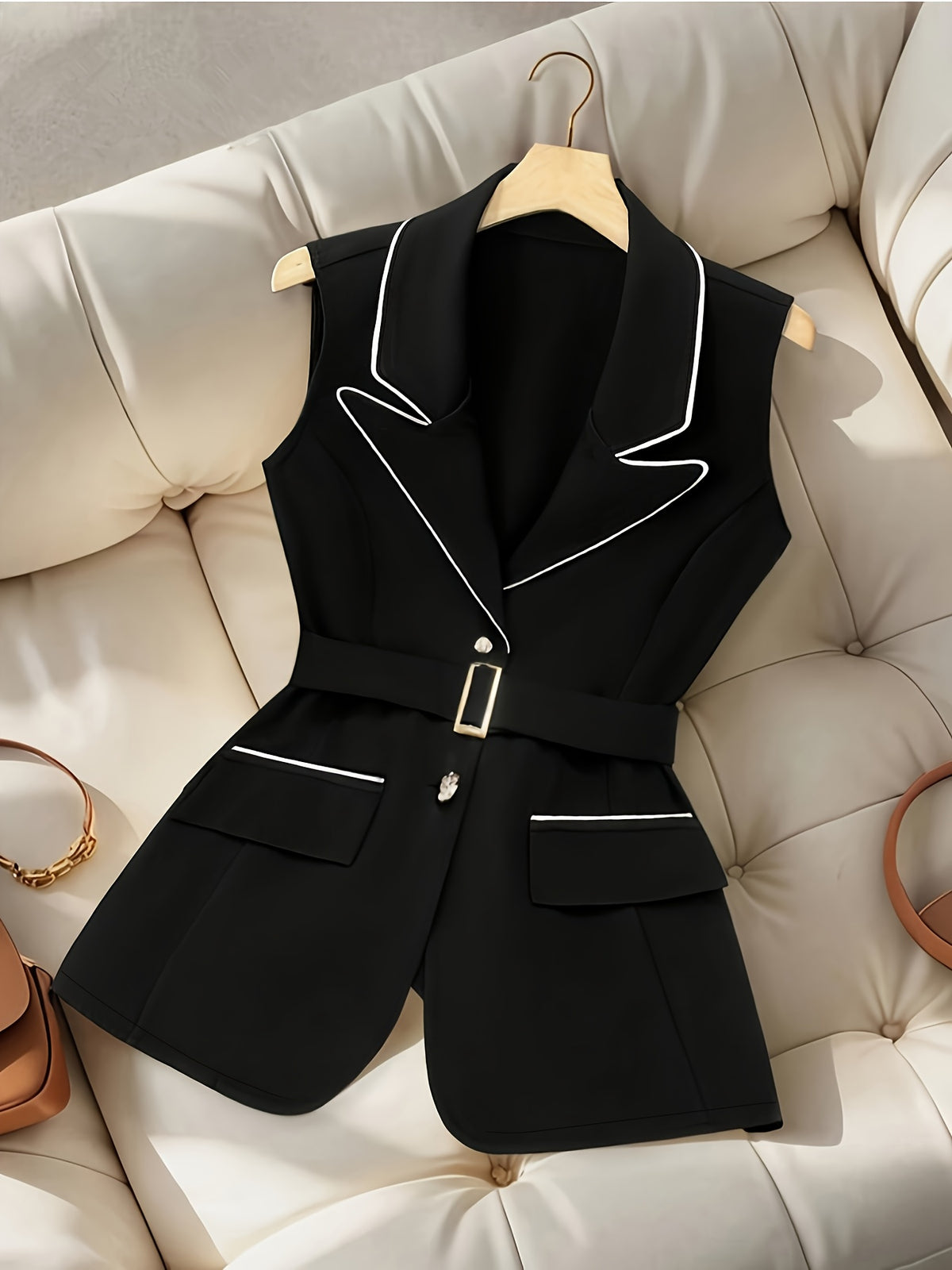 Women's White-trimmed Contrast-color Lapel Waist-cinching Vest Jacket, Includes Belt - Black