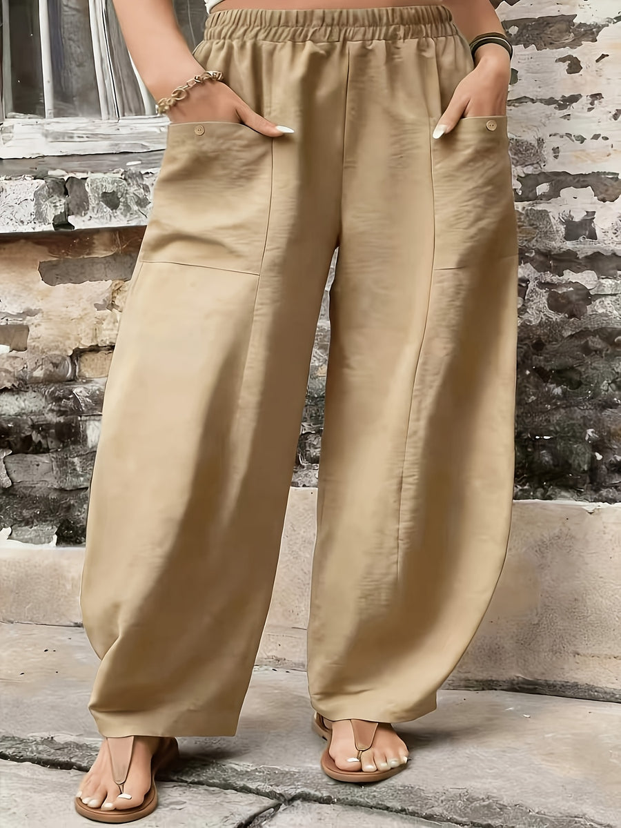 Plus Size, Plus Size Stylish Women's Solid Color Casual Pants, Elastic High Waist with Pockets, Loose Wide-Leg Trousers, Versatile Pants for Commuting and Vacation - Khaki