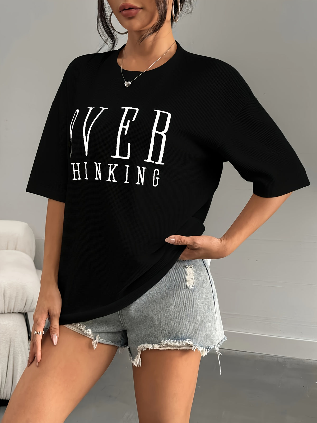 Letter Print Round Neck T-shirt, Casual Short Sleeve Top - Black