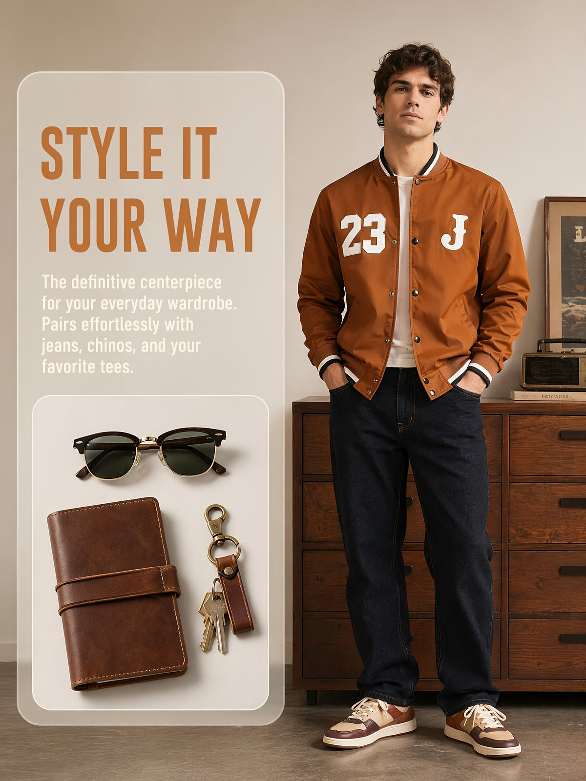 Men's New Streetwear Academic Jacket, Number 23 and J Pattern Design, Vintage Style with Pockets, Lightweight and Versatile for Casual Wear, Men's Fashion Baseball Jacket Outerwear - Rust