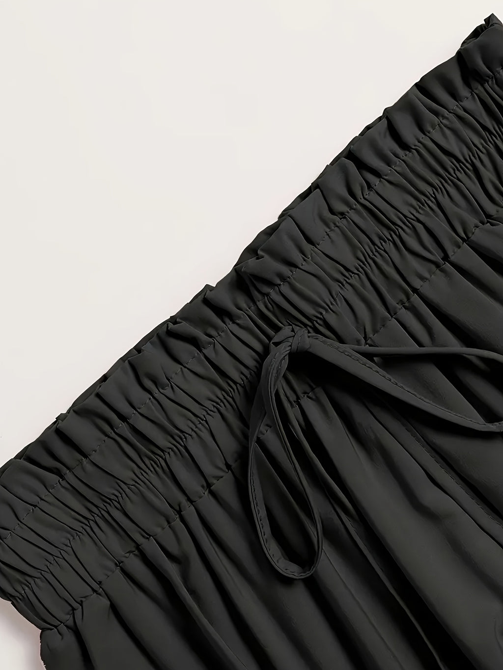 Women's Olive Green Pleated Midi Skirt - Lightweight Adjustable Drawstring Waist, Hand Washable Spring/Summer Elegant Solid Color Skirt for Casual & Formal Outfits, Casual Attire, Nontransparent Fabric, Spring Fashion, Classic Style, Breathable Material - Black