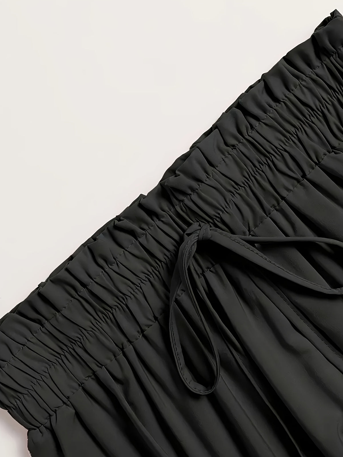 Women's Olive Green Pleated Midi Skirt - Lightweight Adjustable Drawstring Waist, Hand Washable Spring/Summer Elegant Solid Color Skirt for Casual & Formal Outfits, Casual Attire, Nontransparent Fabric, Spring Fashion, Classic Style, Breathable Material - Black