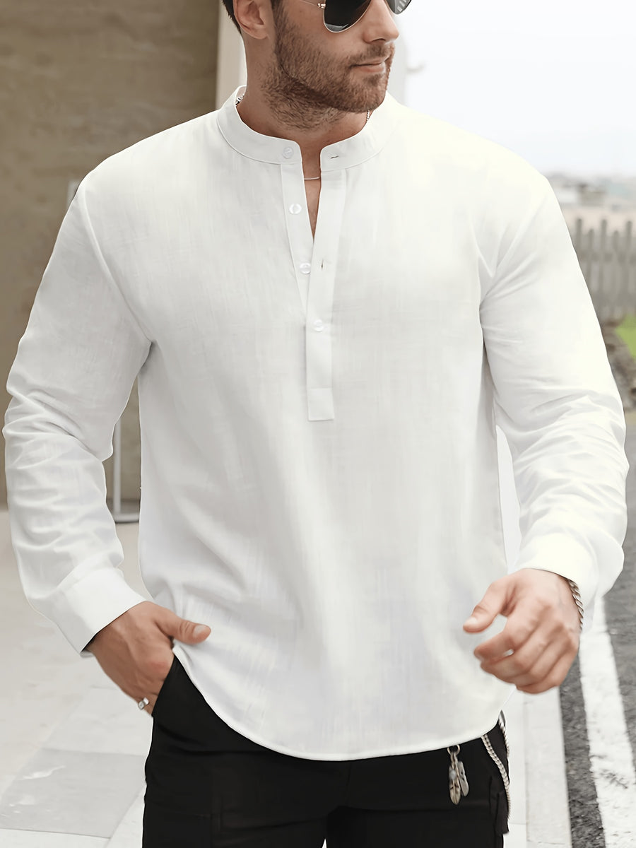 Men'S Solid Color Stand Collar Linen Long Sleeve (2-Pc), Breathable And Comfortable, Suitable for Spring And Autumn Wear - Light White+Black Color