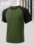 1 Men's Summer V-Neck Casual T-Shirt, Breathable and Lightweight Street Fashion Short-Sleeve Top, Daily Office Business Contrast Color Design Henley Shirt with Button- Collar, Suitable for Outings, Home, Work, Travel, Cycling, and Streetwear - olive drab