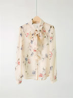 Women'S Elegant Floral Print Chiffon Sheer Summer Blouse, Office Casual Top for Outdoor Parties And Holidays - Beige