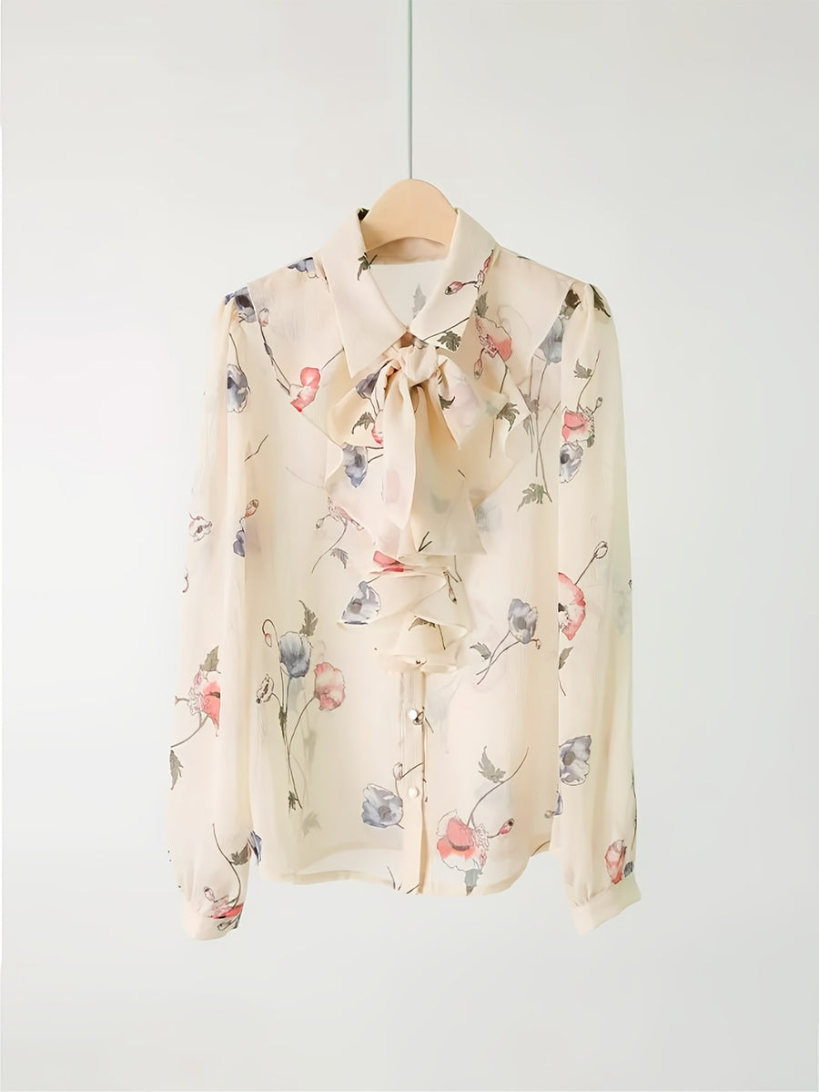 Women'S Elegant Floral Print Chiffon Sheer Summer Blouse, Office Casual Top for Outdoor Parties And Holidays - Beige