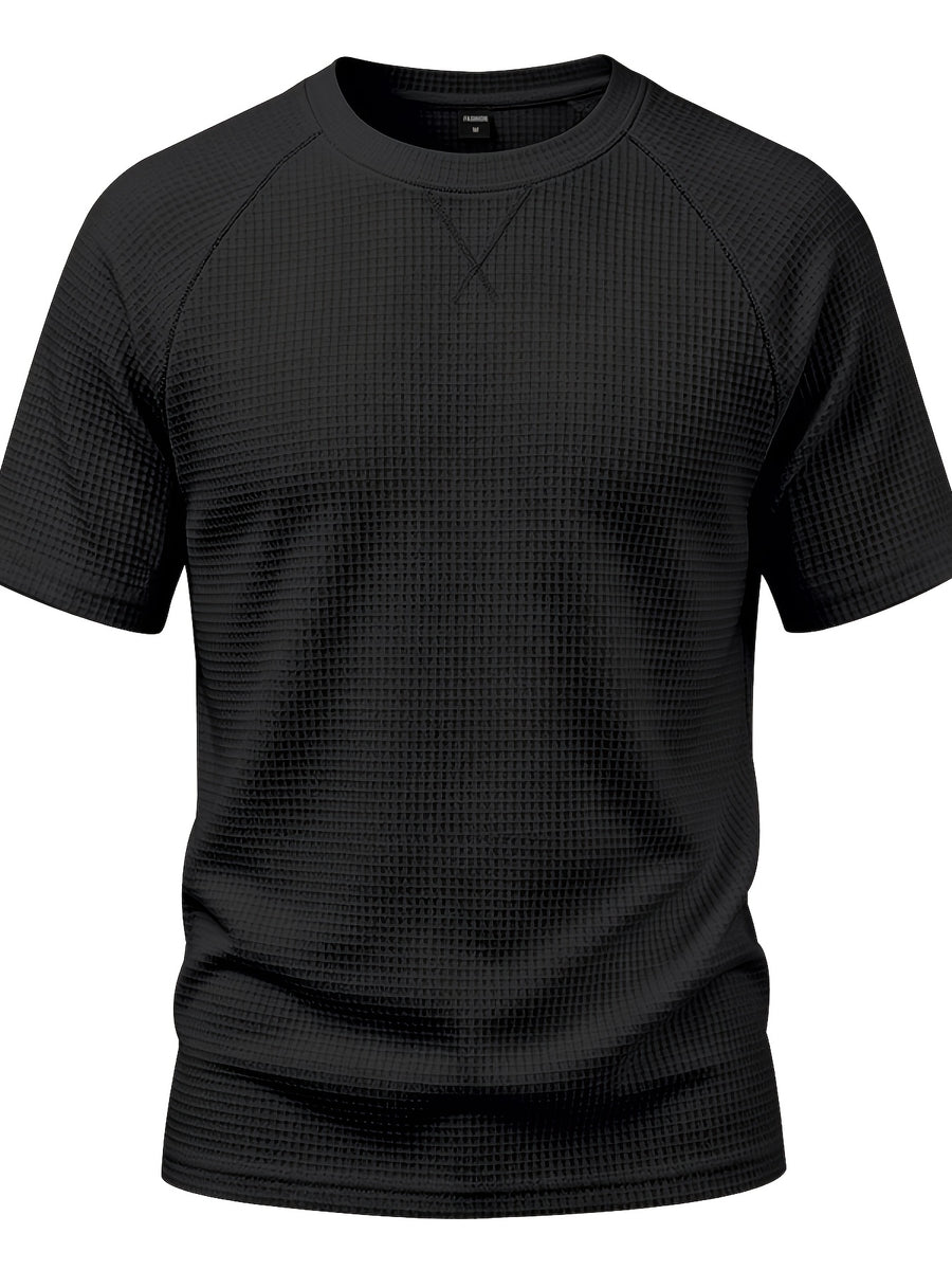 Men's Lightweight Waffle Knit Short Sleeve Shirt, Casual Crew Neck Textured T Shirt with Relaxed Fit Design, Breathable Comfortable Summer Pullover Top for Beach Vacation, Travel, Camping, Outdoor Sports and Casual Attire - Black